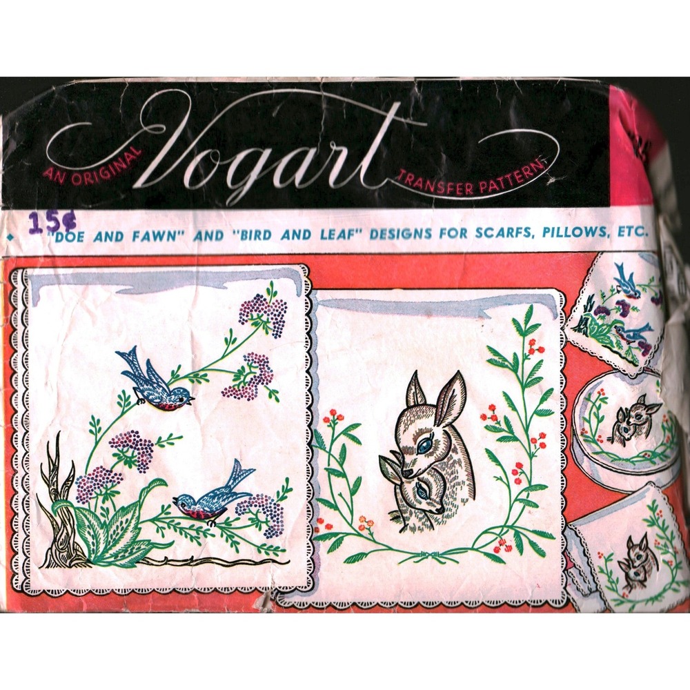 Vintage Vogart Embroidery Transfer Patterns Doe Fawn Bird Leaf Iron On DIY 630